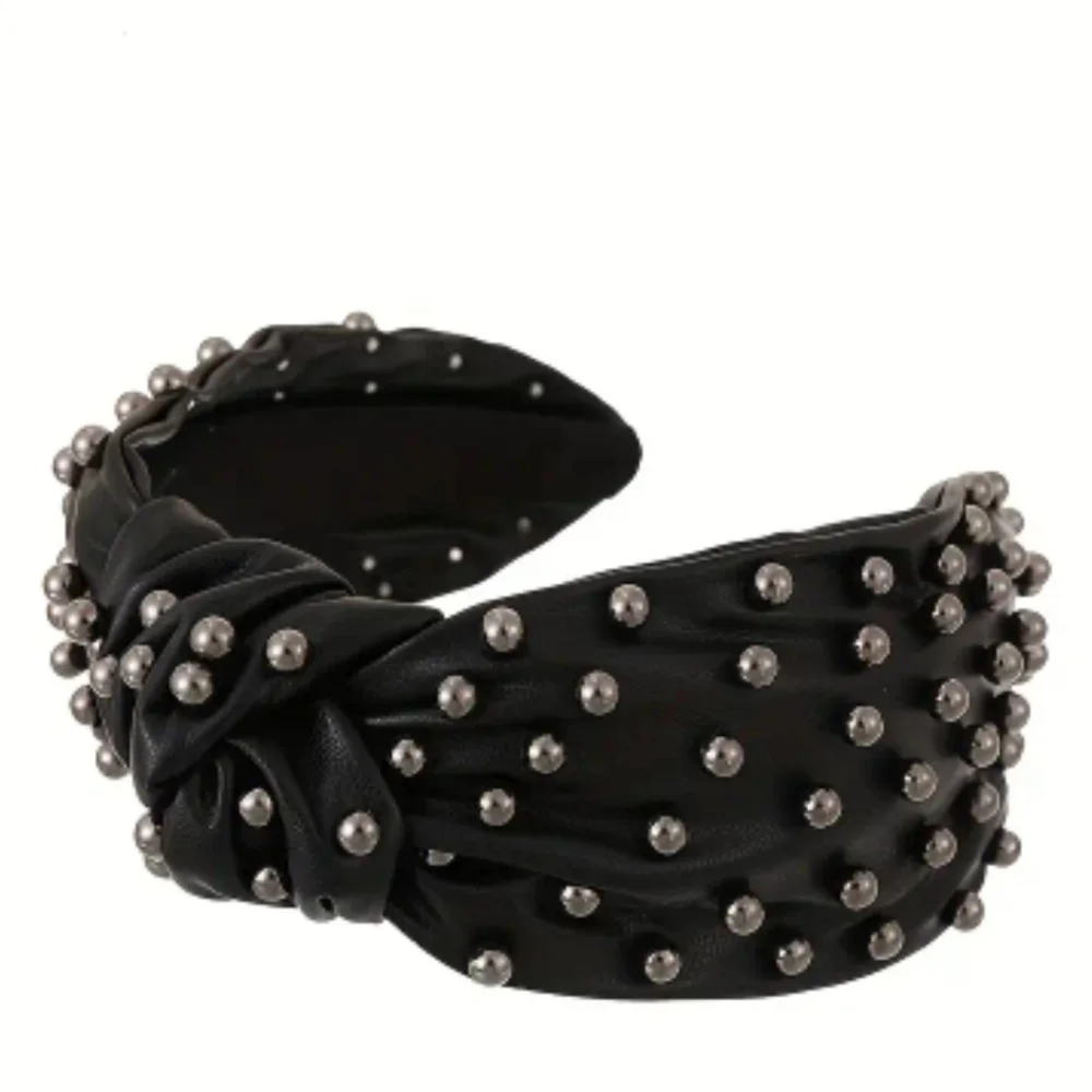 Gunmetal Faux Leather Polyurethane Beaded Top Knot Headband in Black